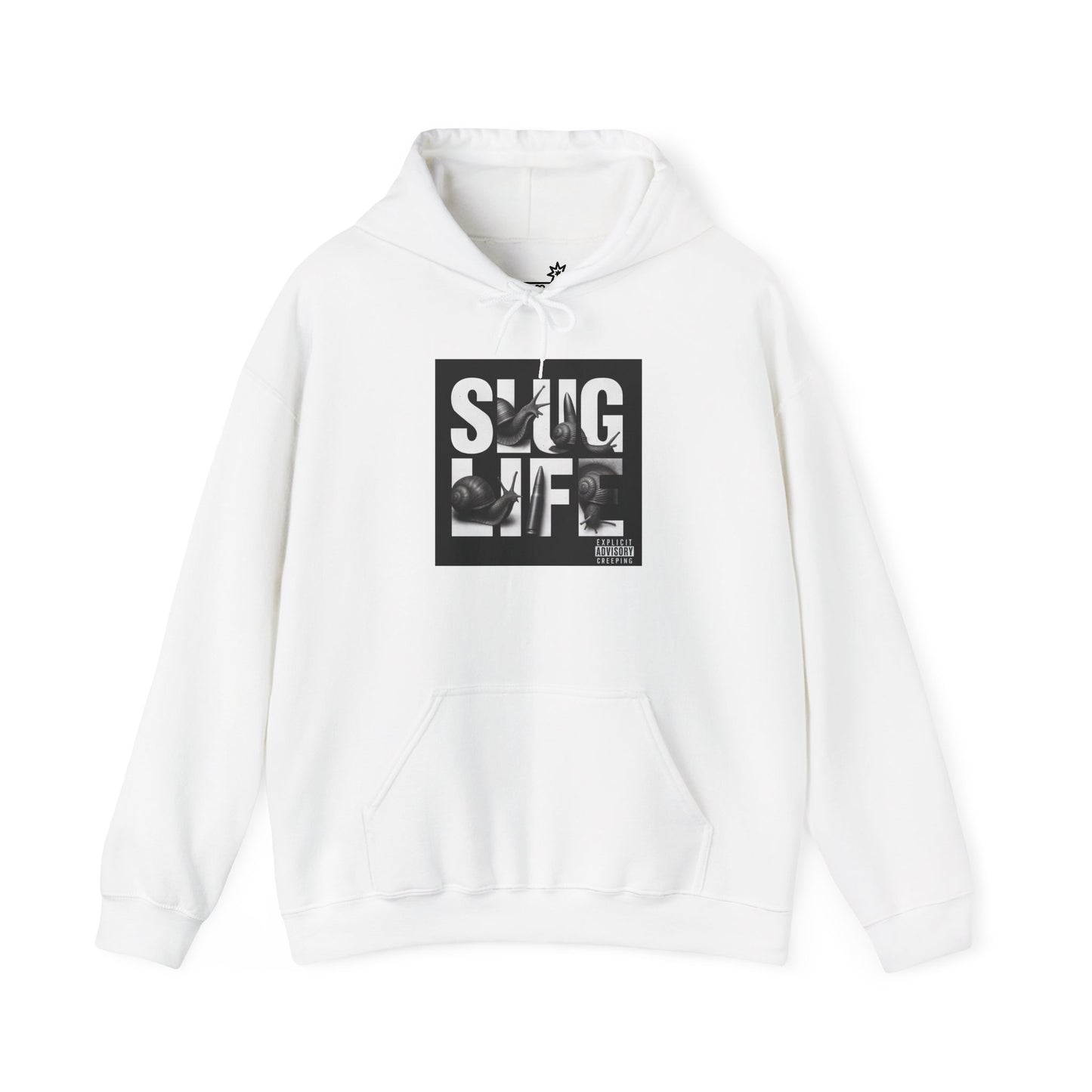 White hoodie with 'SLUG LIFE' graphic on a white background