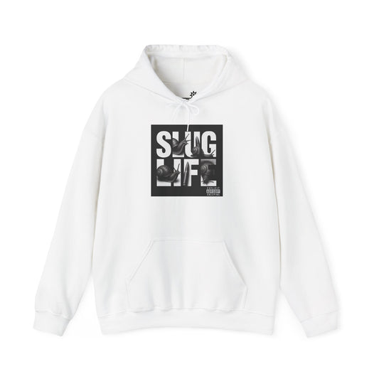 White hoodie with 'SLUG LIFE' graphic on a white background