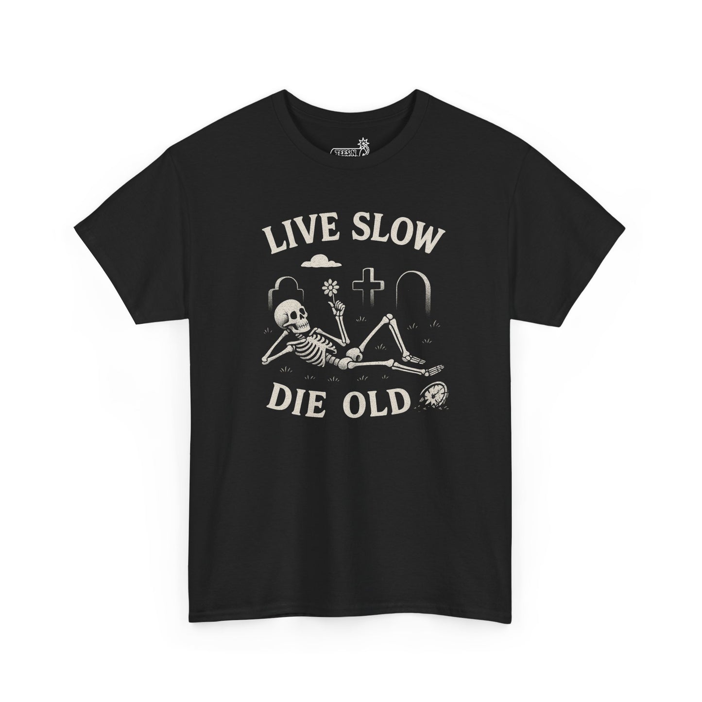 Black t-shirt with relaxing skeleton holding flower  graphic and 'Live Slow Die Old' text 