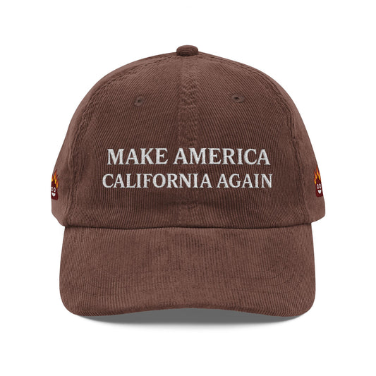 Brown corduroy cap with 'MAKE AMERICA CALIFORNIA AGAIN' embroidered text on white background