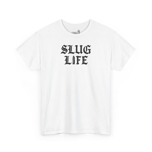White t-shirt with 'SLUG LIFE' text on a white background