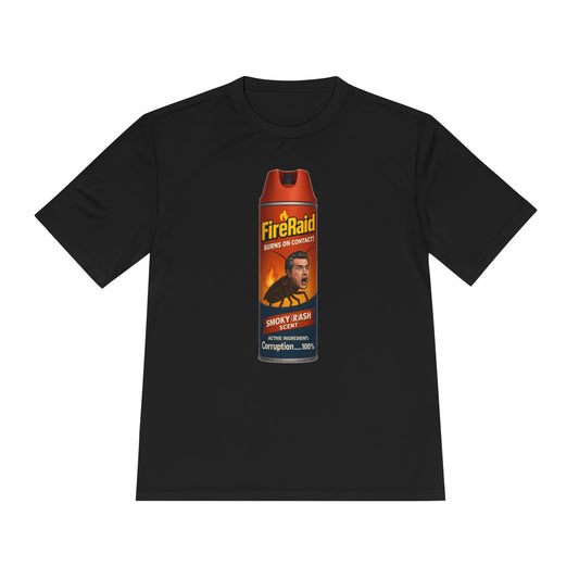 Black T-shirt with ‘FireRaid’ and Gavin Newsom cartoon cockroach on a spray can