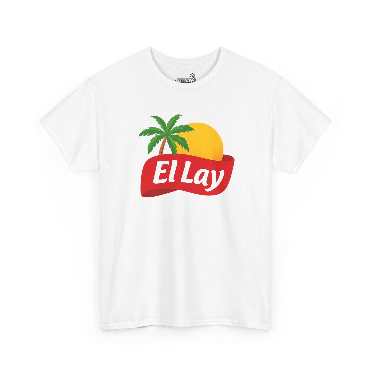 White t-shirt with red ribbon 'El Lay' logo with palm tree and sun on white background
