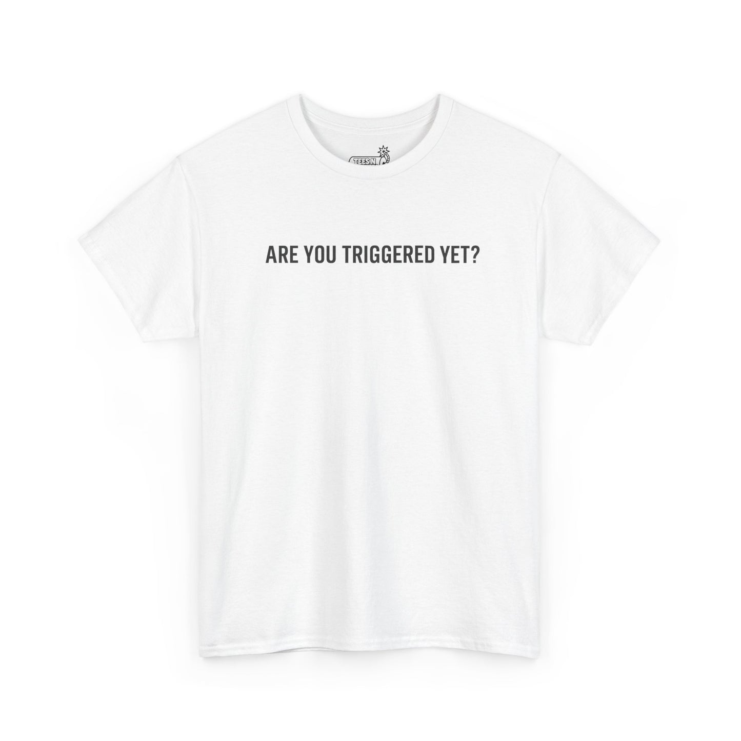 White t-shirt with 'ARE YOU TRIGGERED YET?' text on a white background