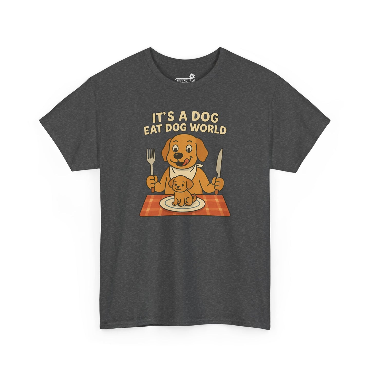 Gray t-shirt with a graphic of a dog and text 'It's a Dog Eat Dog World' on a white background