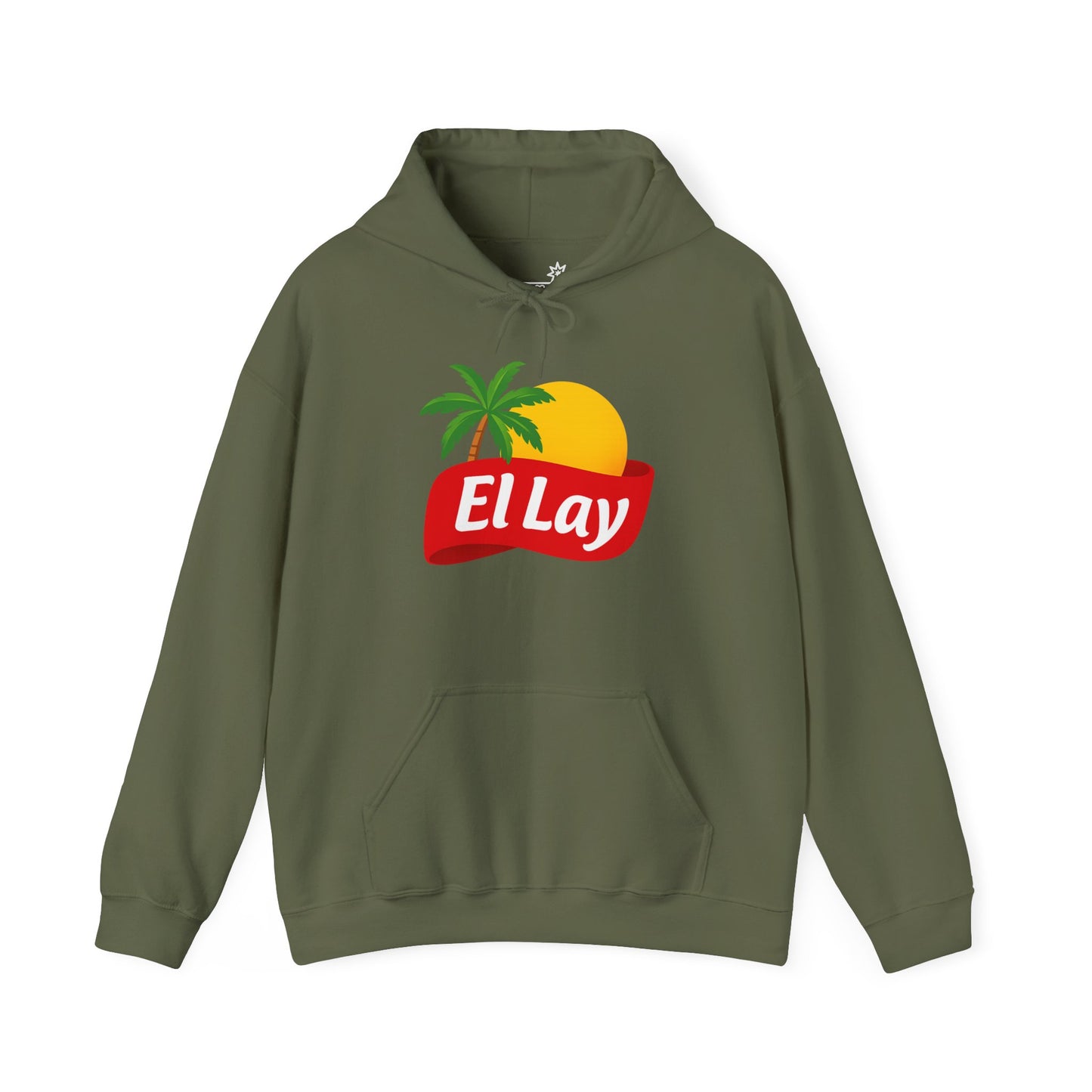 Military Green hoodie with ‘El Lay’ logo and sun and palm tree on white background