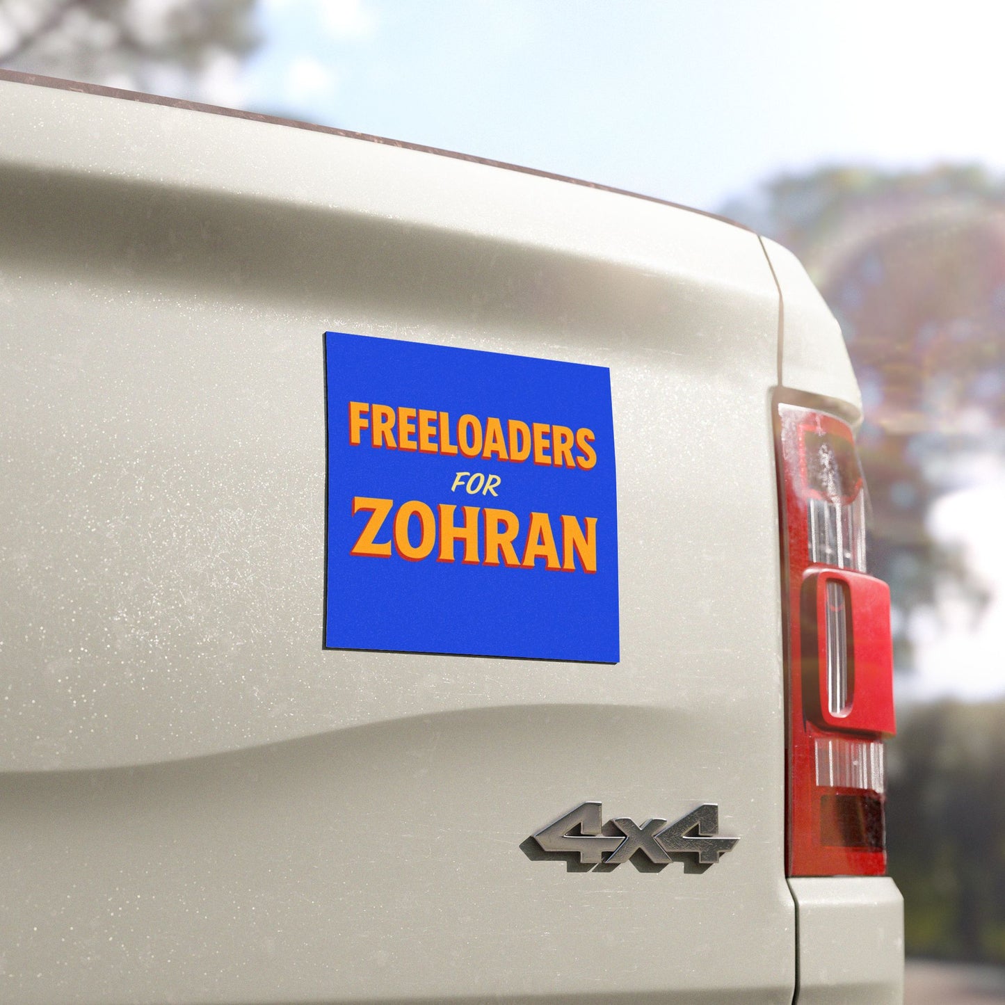 Car with a political bumper sticker ‘Freeloaders for Zohran’ on the back