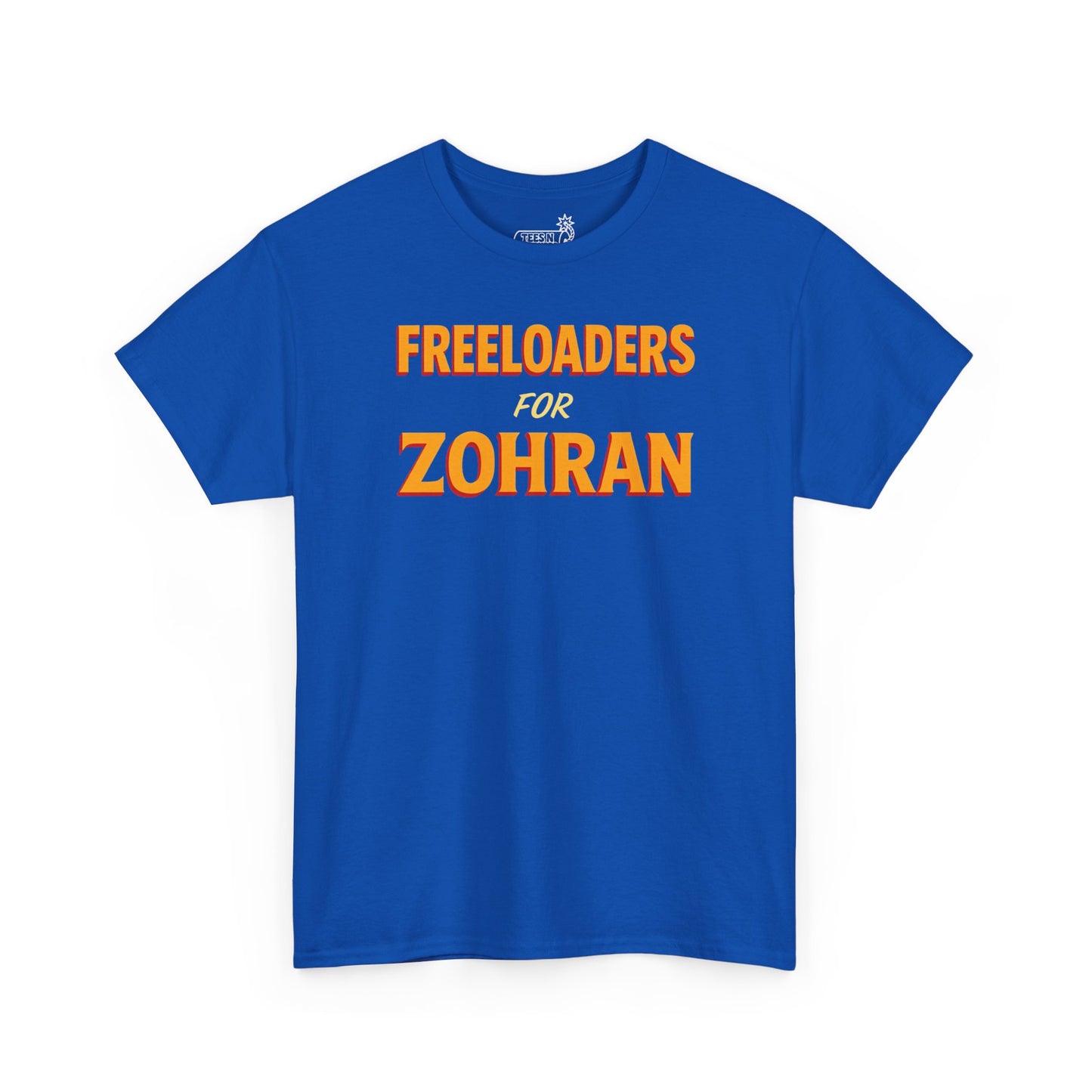 Blue t-shirt with ‘Freeloaders for Zohran’ graphic on white background