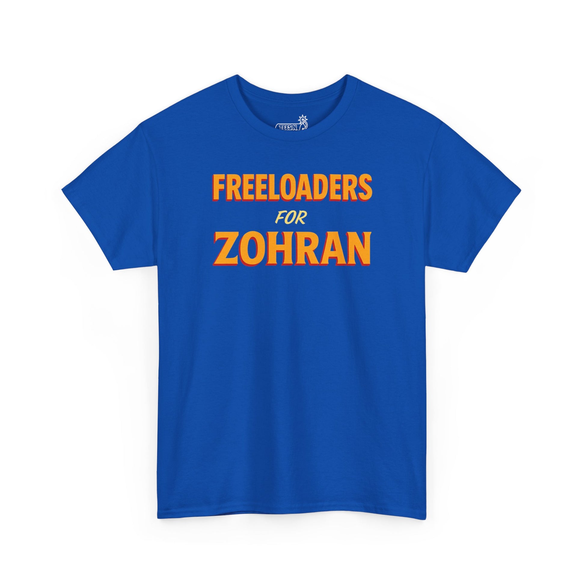 Blue t-shirt with ‘Freeloaders for Zohran’ graphic on white background