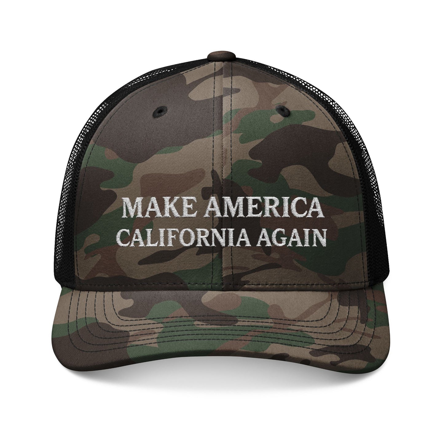 Camouflage cap with 'MAKE AMERICA CALIFORNIA AGAIN' text on a white background