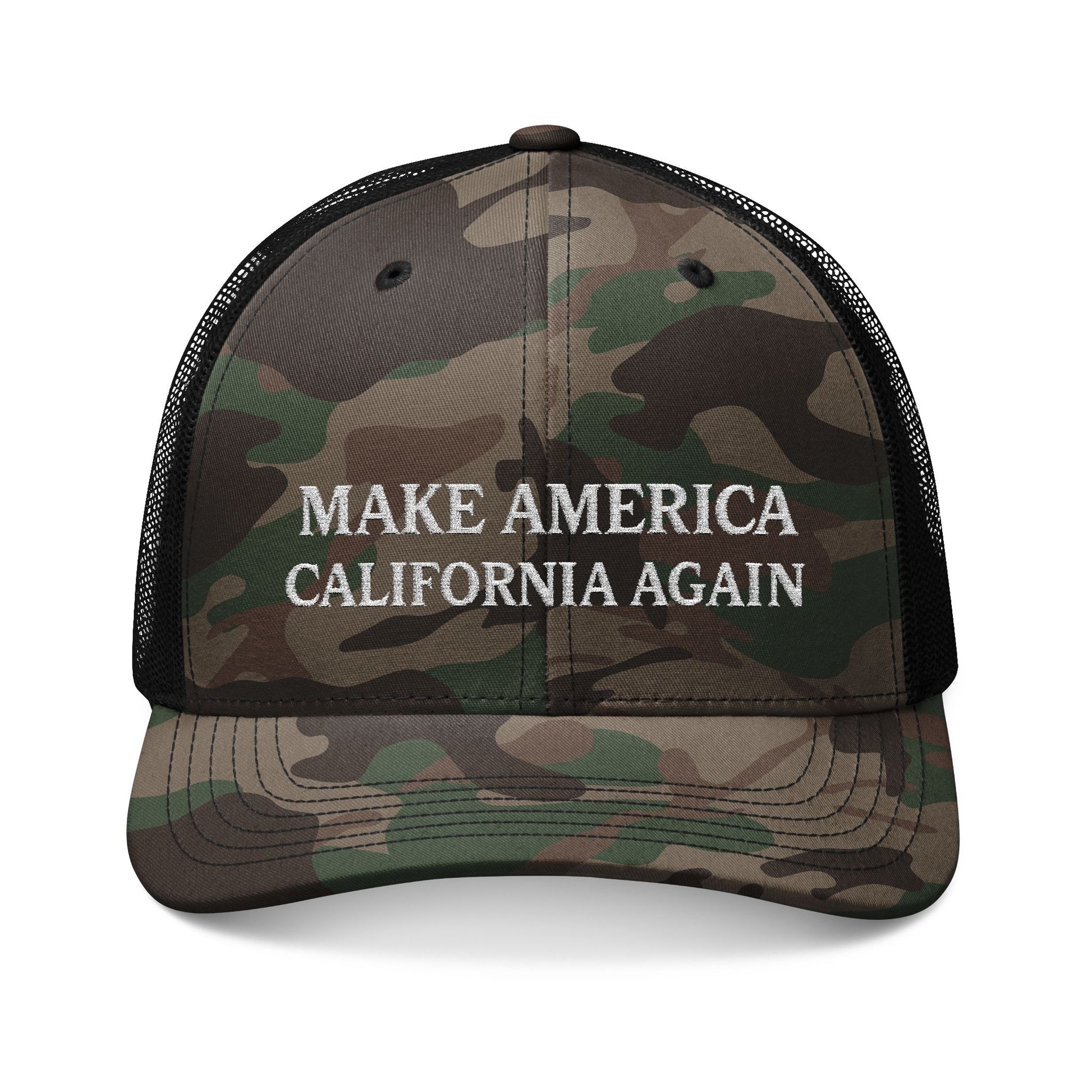 Camouflage cap with 'MAKE AMERICA CALIFORNIA AGAIN' text on a white background