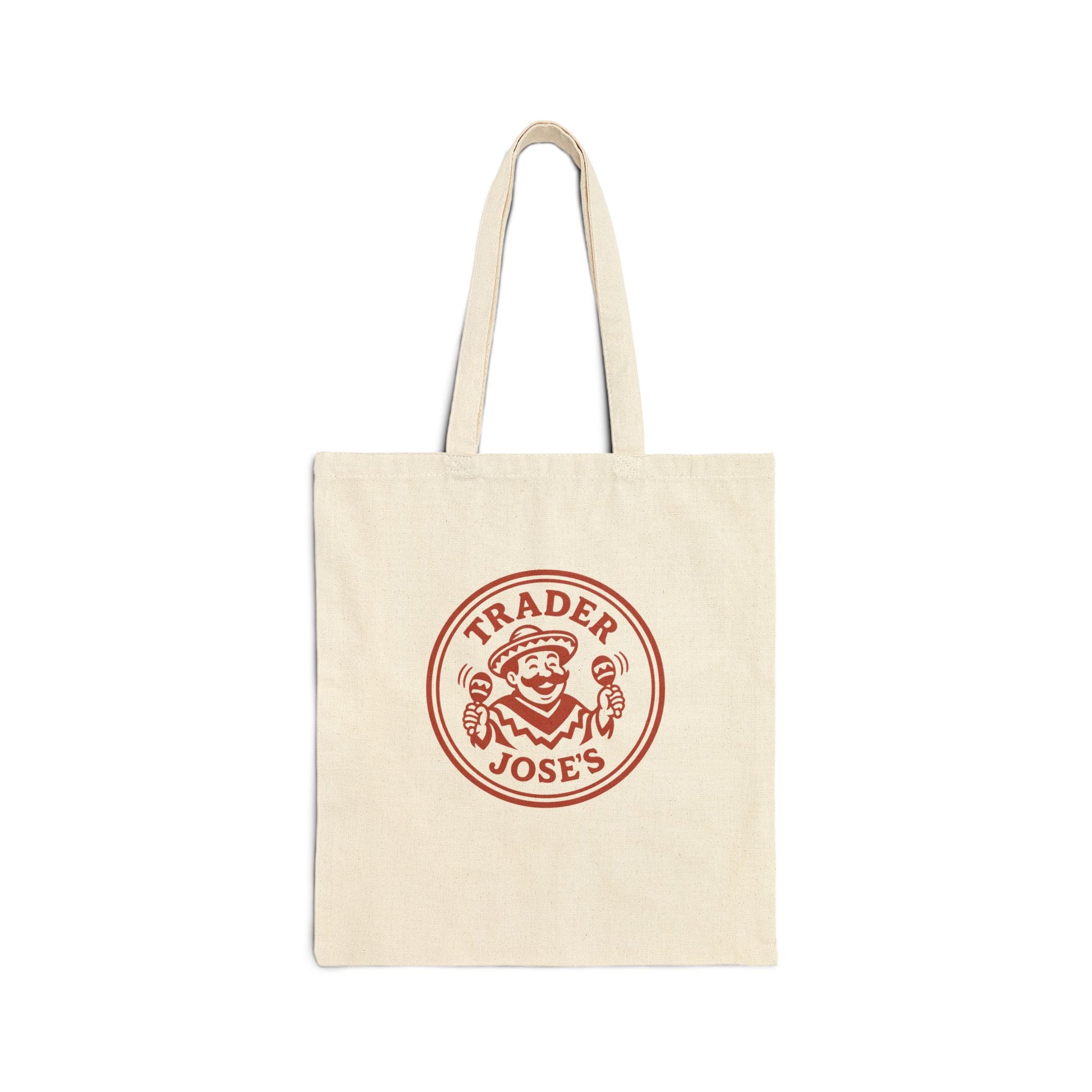 Natural tote bag with red Trader Jose's logo featuring maraca shaking man wearing sombrero on white background