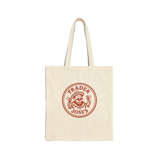 Natural tote bag with red Trader Jose's logo featuring maraca shaking man wearing sombrero on white background