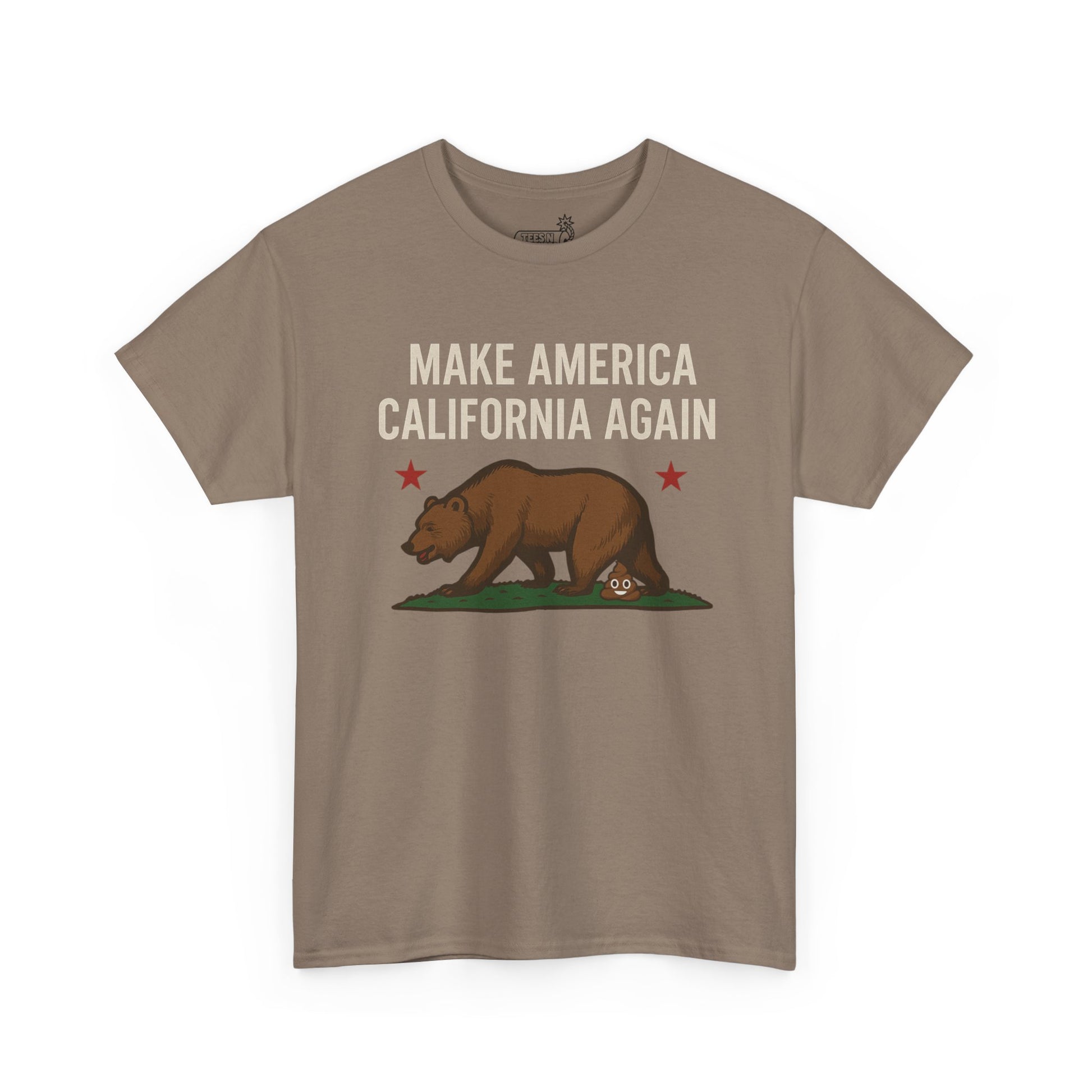 Light brown Savana t-shirt with ‘Make America California Again’ text and California bear and poop emoji