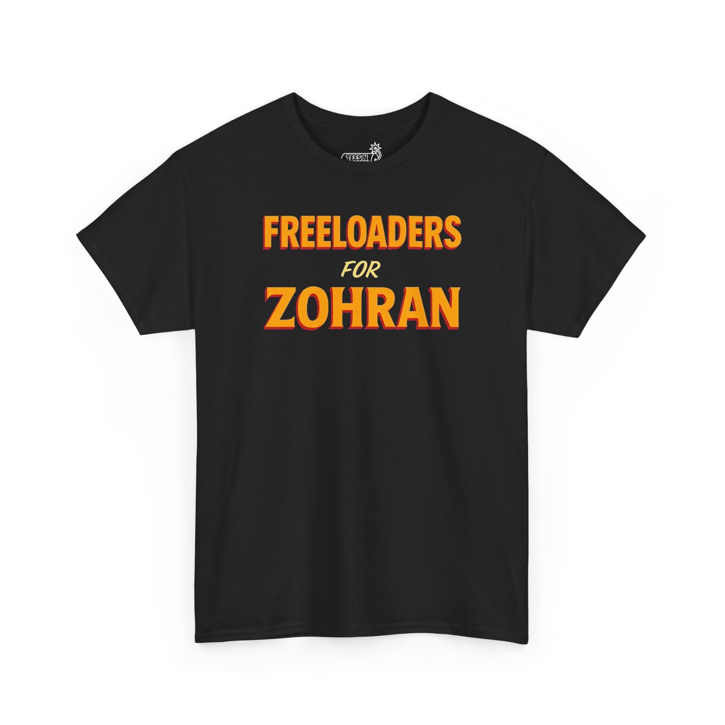 Black t-shirt with ‘Freeloaders for Zohran’ graphic on white background