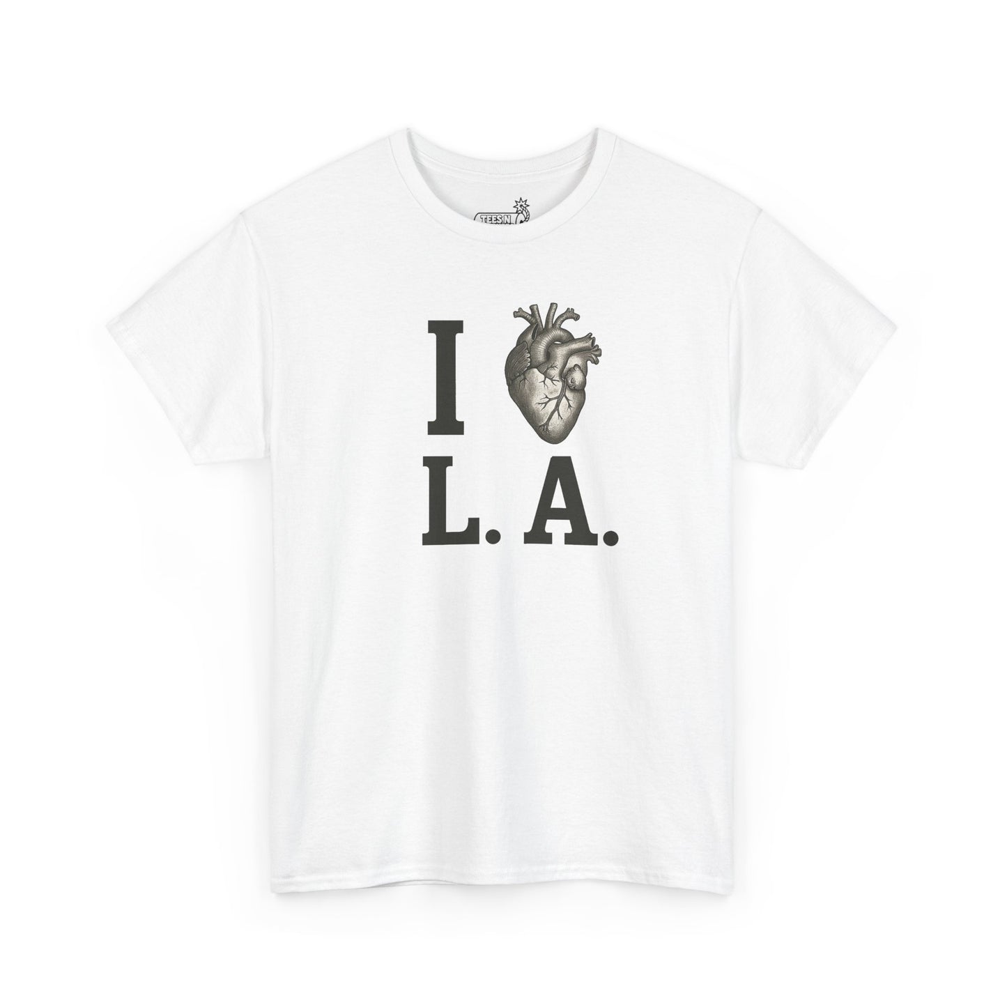 White t-shirt with 'I ❤️ L.A.' and anatomical heart graphic on white background