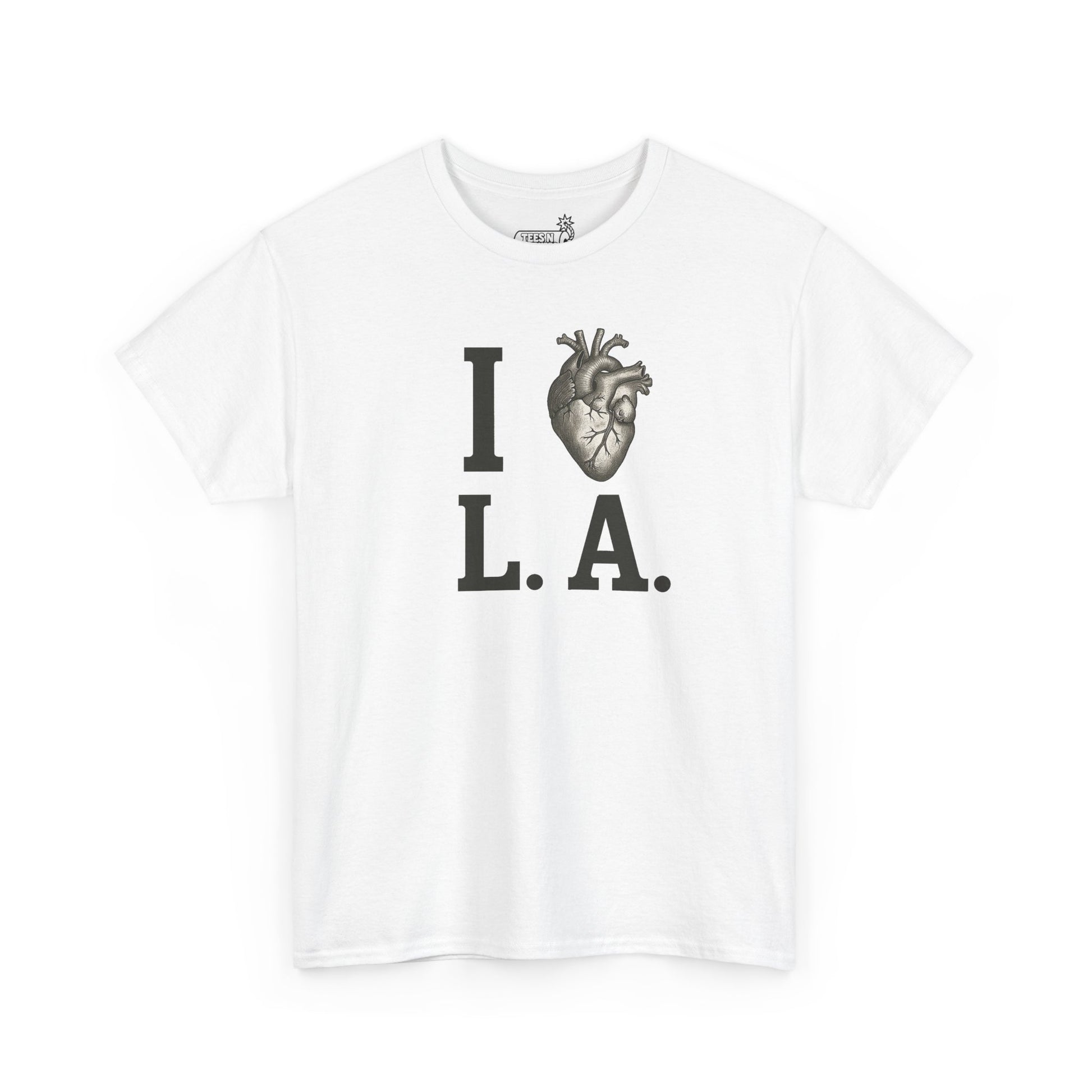 White t-shirt with 'I ❤️ L.A.' and anatomical heart graphic on white background