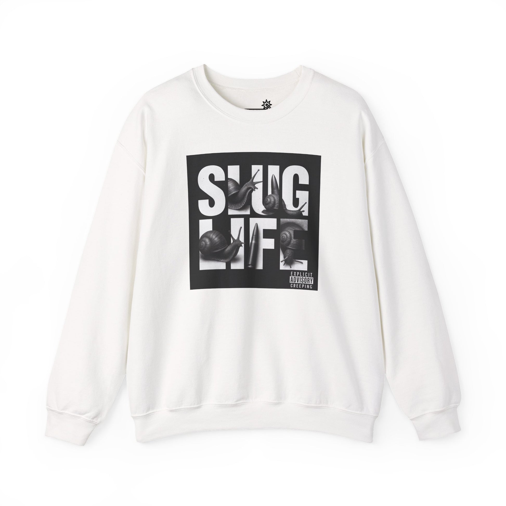 White sweatshirt with black graphic design of album cover with text ‘Slug Life’ on white background