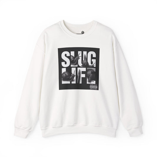 White sweatshirt with black graphic design of album cover with text ‘Slug Life’ on white background
