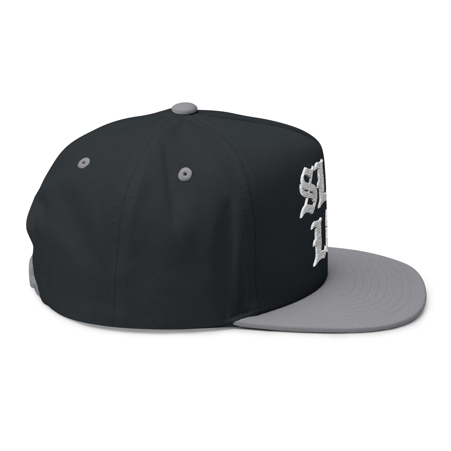 Slug Life Embroidered Flat Bill Cap | Gothic White Text Snapback