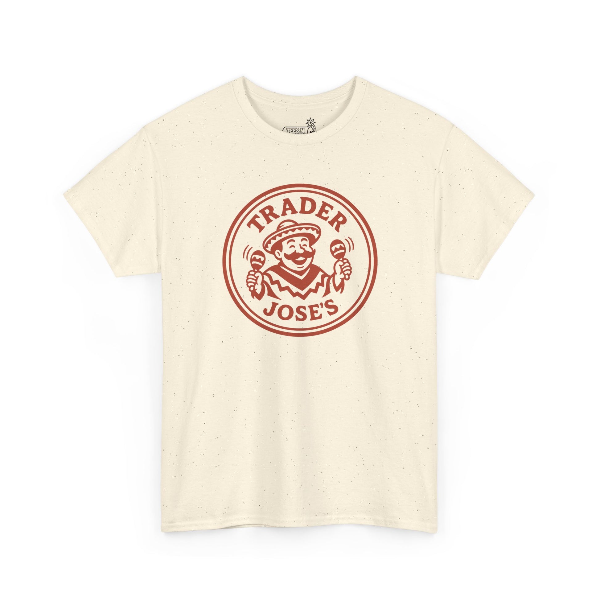 Natural  t-shirt with red Trader Jose's logo featuring maraca shaking man wearing sombrero on white background
