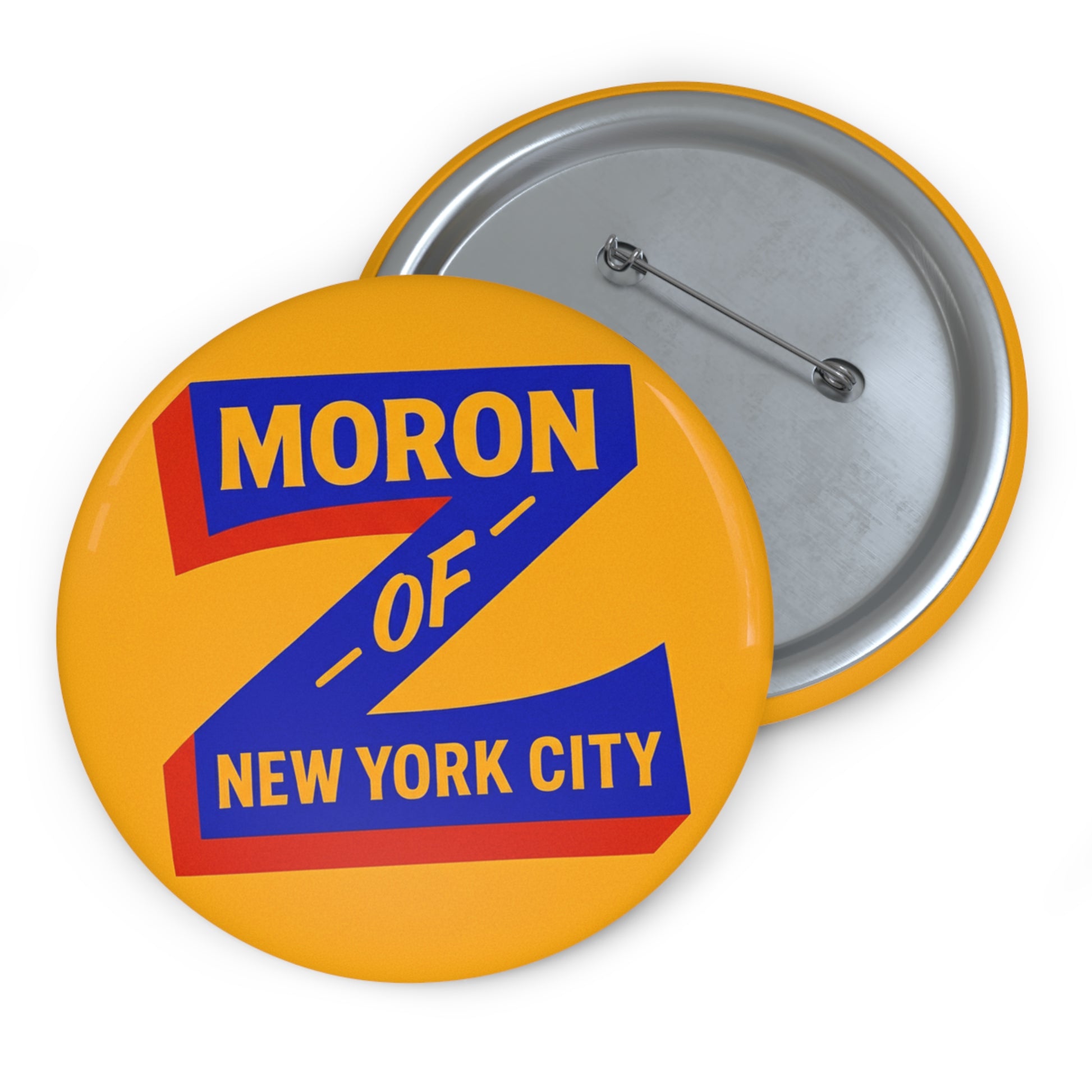 Yellow pin with 'Moron of New York City' text on a white background
