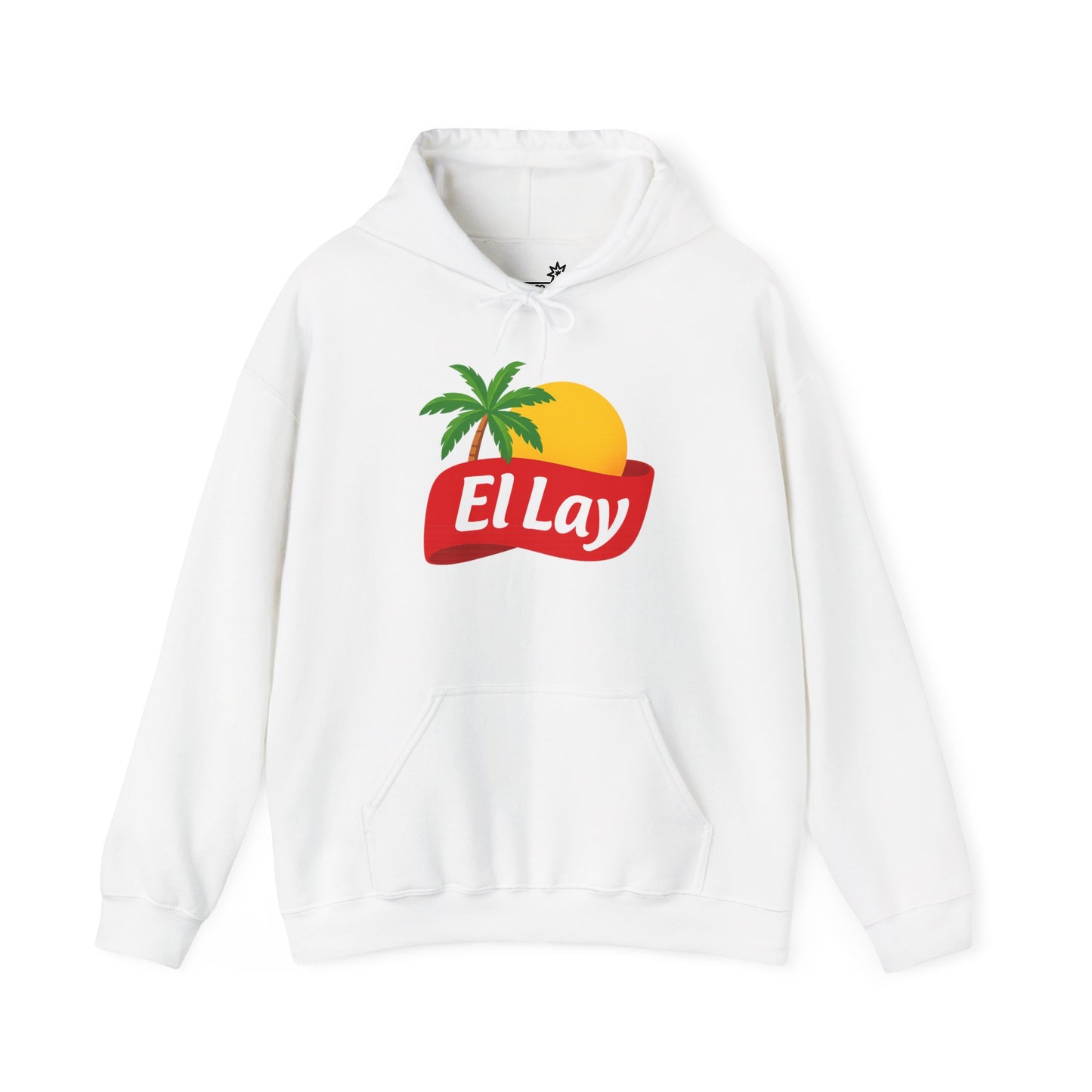 White hoodie with ‘El Lay’ logo and sun and palm tree