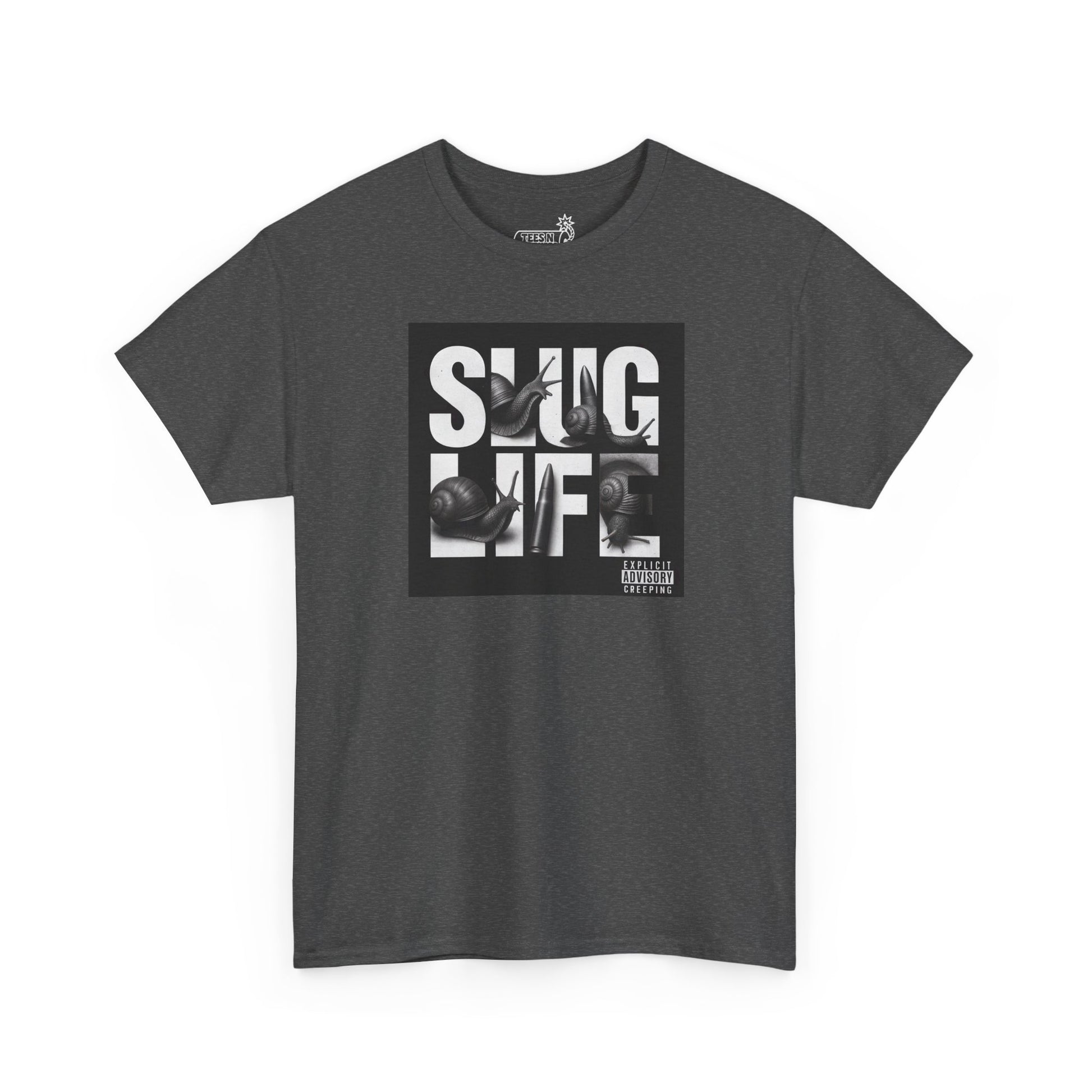 Gray t-shirt with album cover 'SLUG LIFE' graphic 