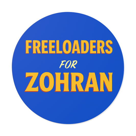Circular sticker with 'Freeloaders for Zohran' text on a blue background