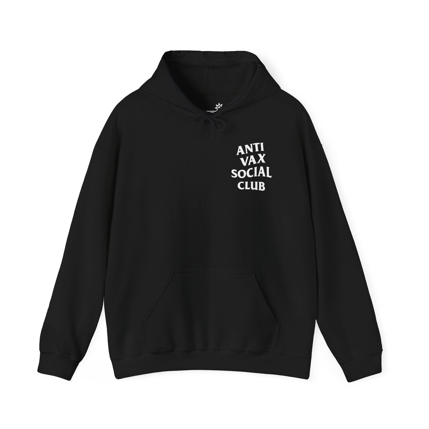 Black hoodie with 'ANTI VAX SOCIAL CLUB' text on a white background