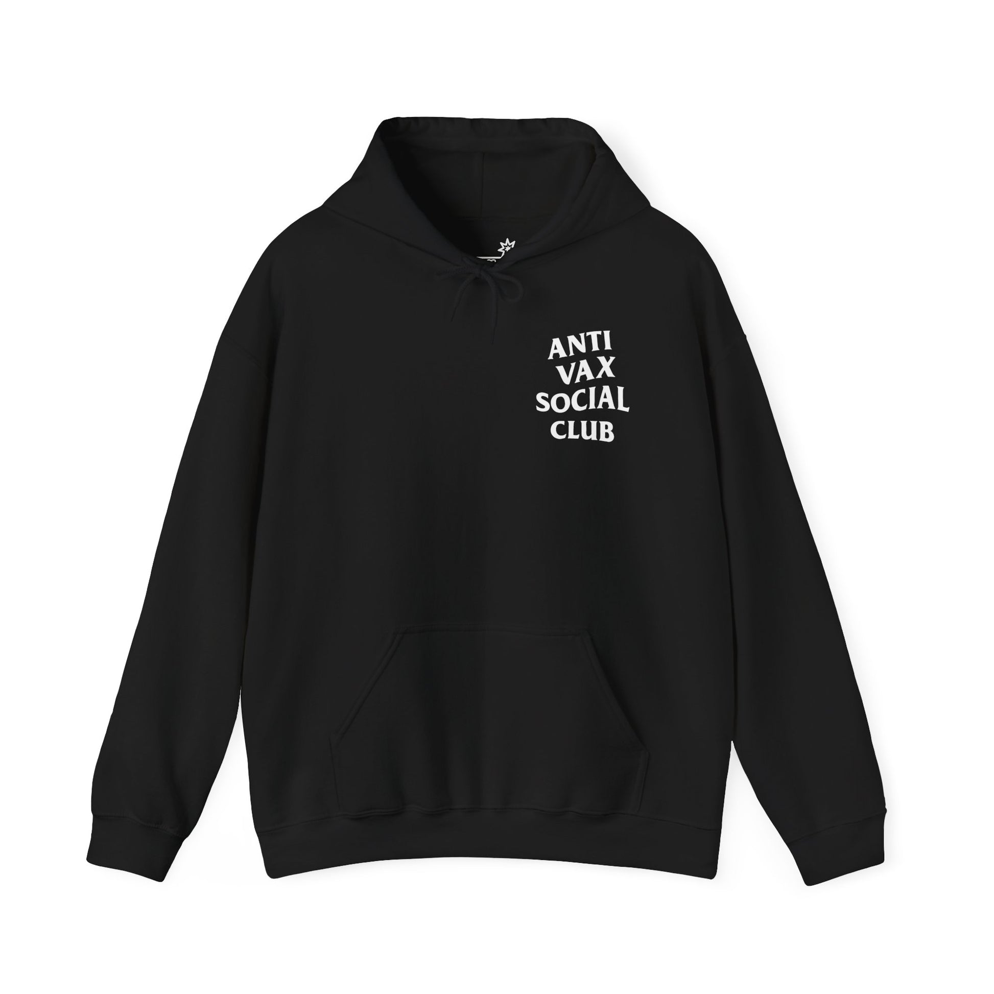 Black hoodie with 'ANTI VAX SOCIAL CLUB' text on a white background