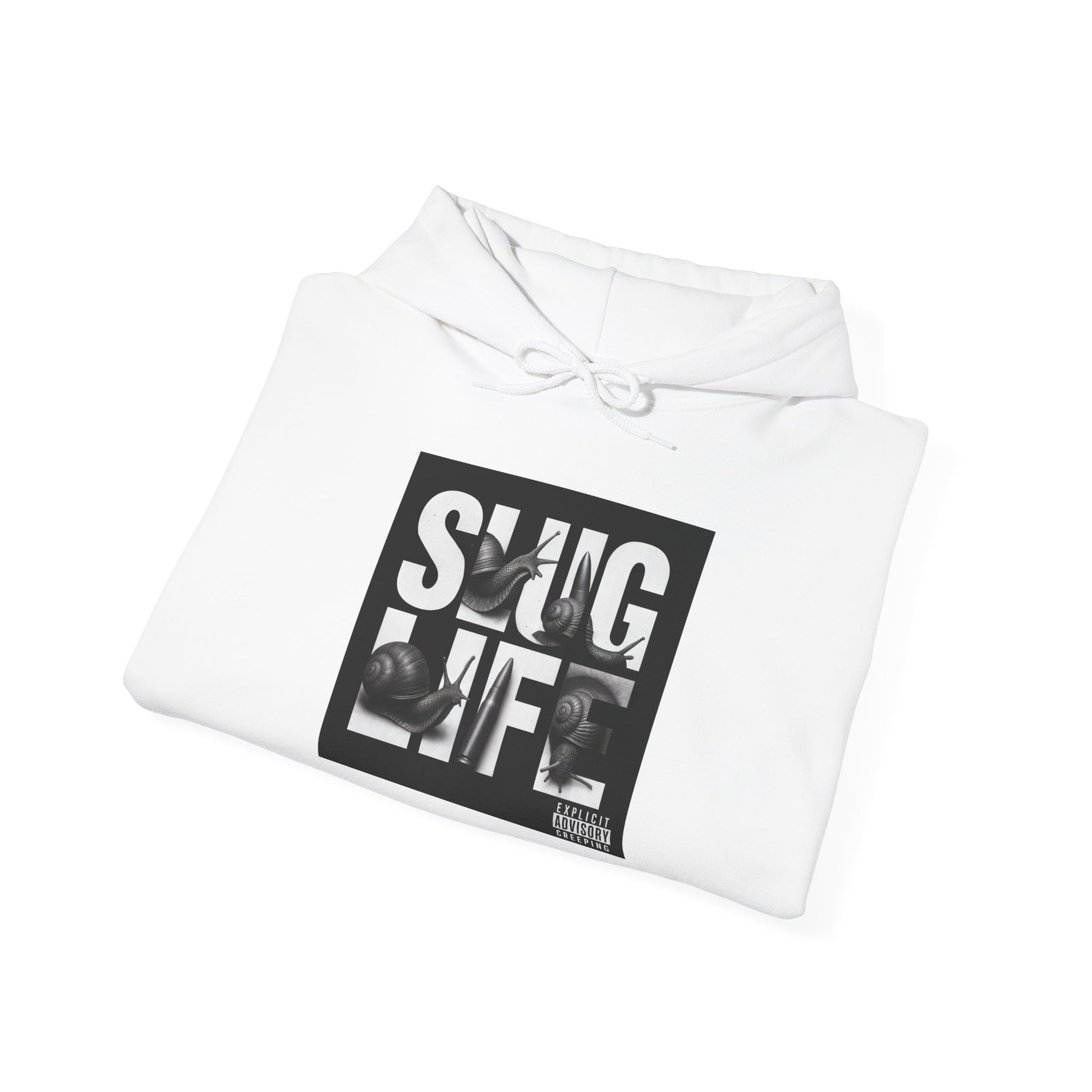 Folded white hoodie with 'SLUG LIFE' graphic design on a white background