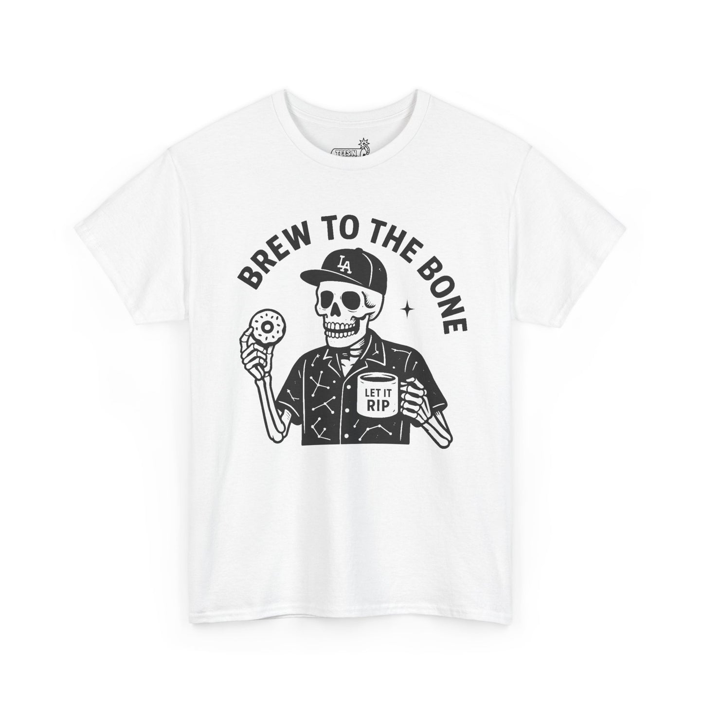 White t-shirt with black graphic design featuring a skeleton holding a coffee cup and a donut, with text 'Brew to the Bone'.