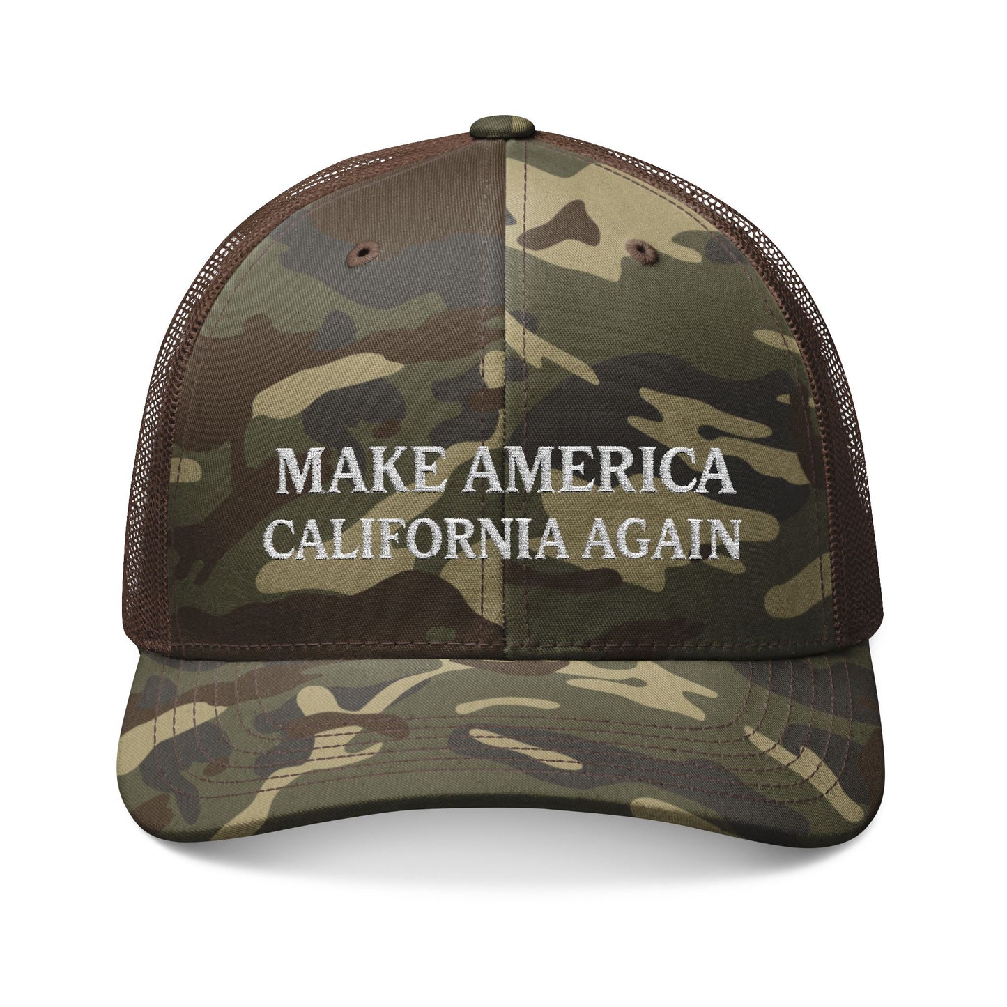 Camouflage cap with 'MAKE AMERICA CALIFORNIA AGAIN' text on a white background