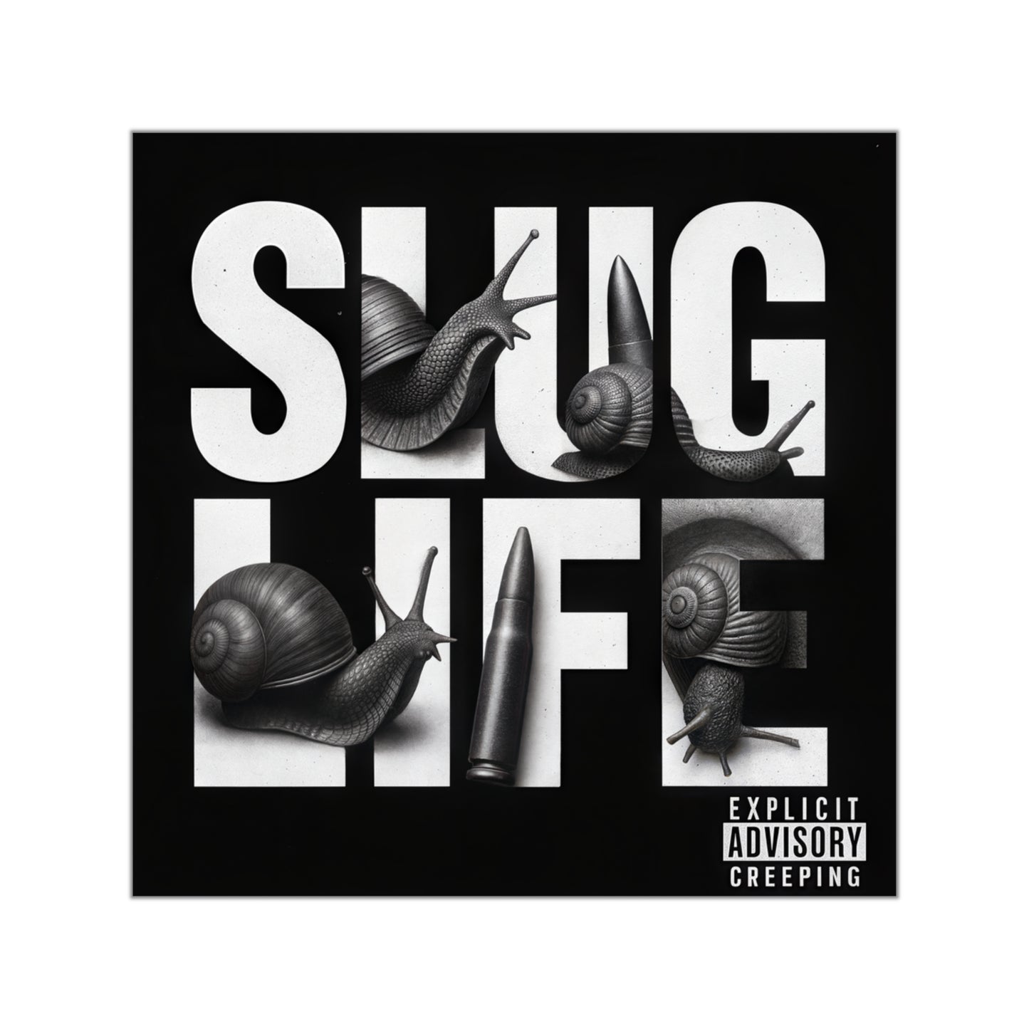 Album cover with snails and bullets and the text 'SLUG LIFE' inside black square