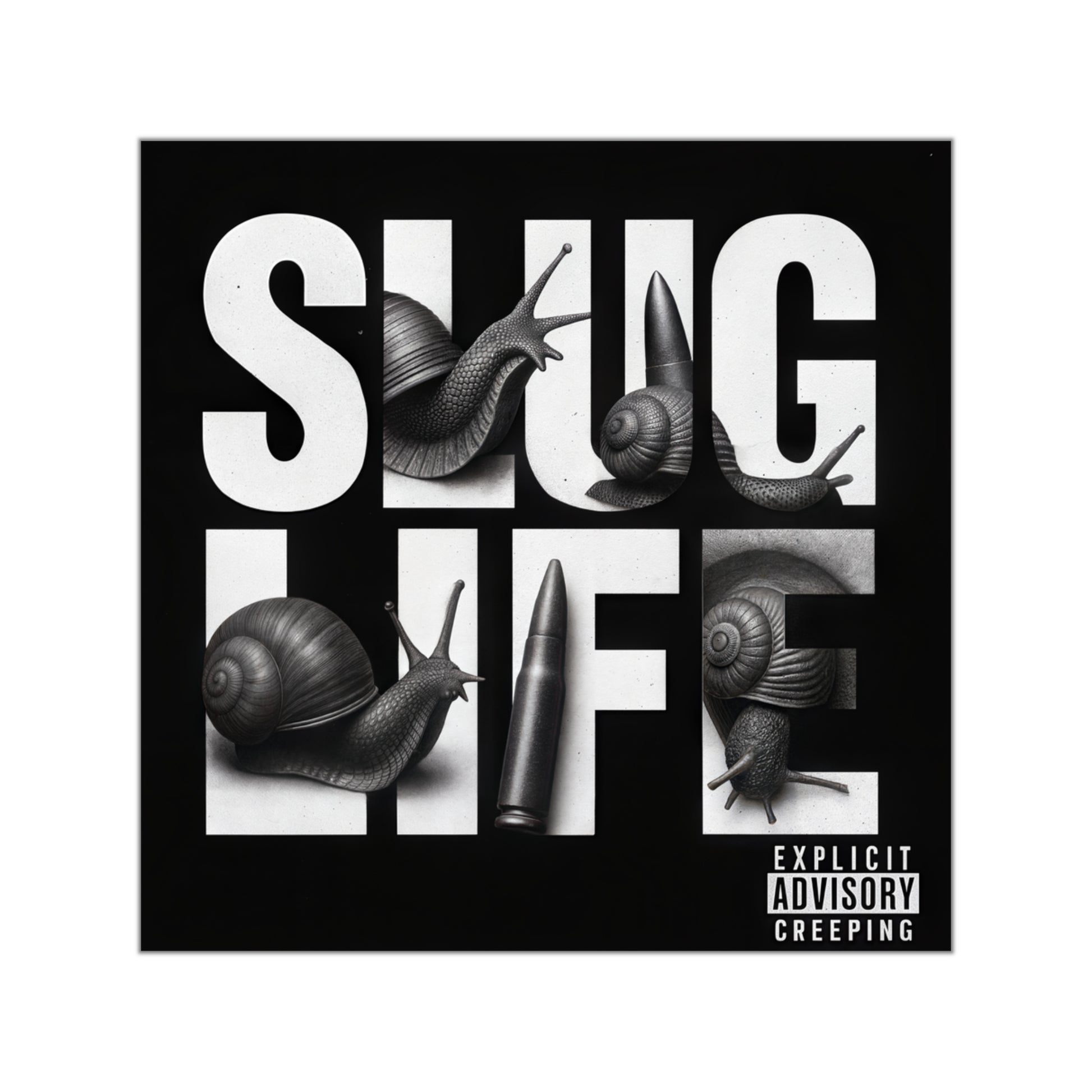 Album cover with snails and bullets and the text 'SLUG LIFE' inside black square